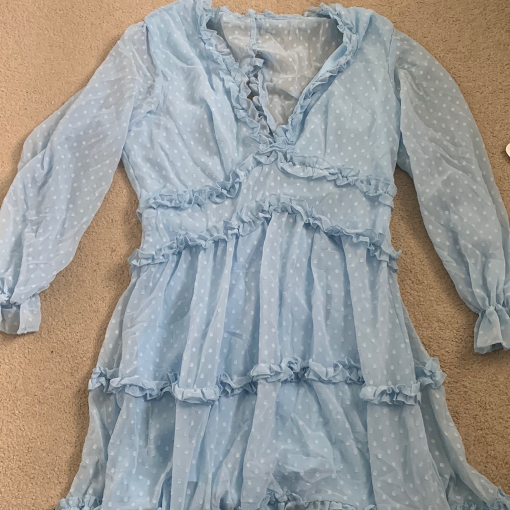 blue ruffle dress open back with button and zipper closure